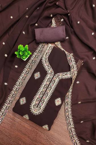 Brown embroidered georgette semi stitched churidar dress-materials