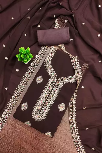 Brown embroidered georgette semi stitched churidar dress-materials