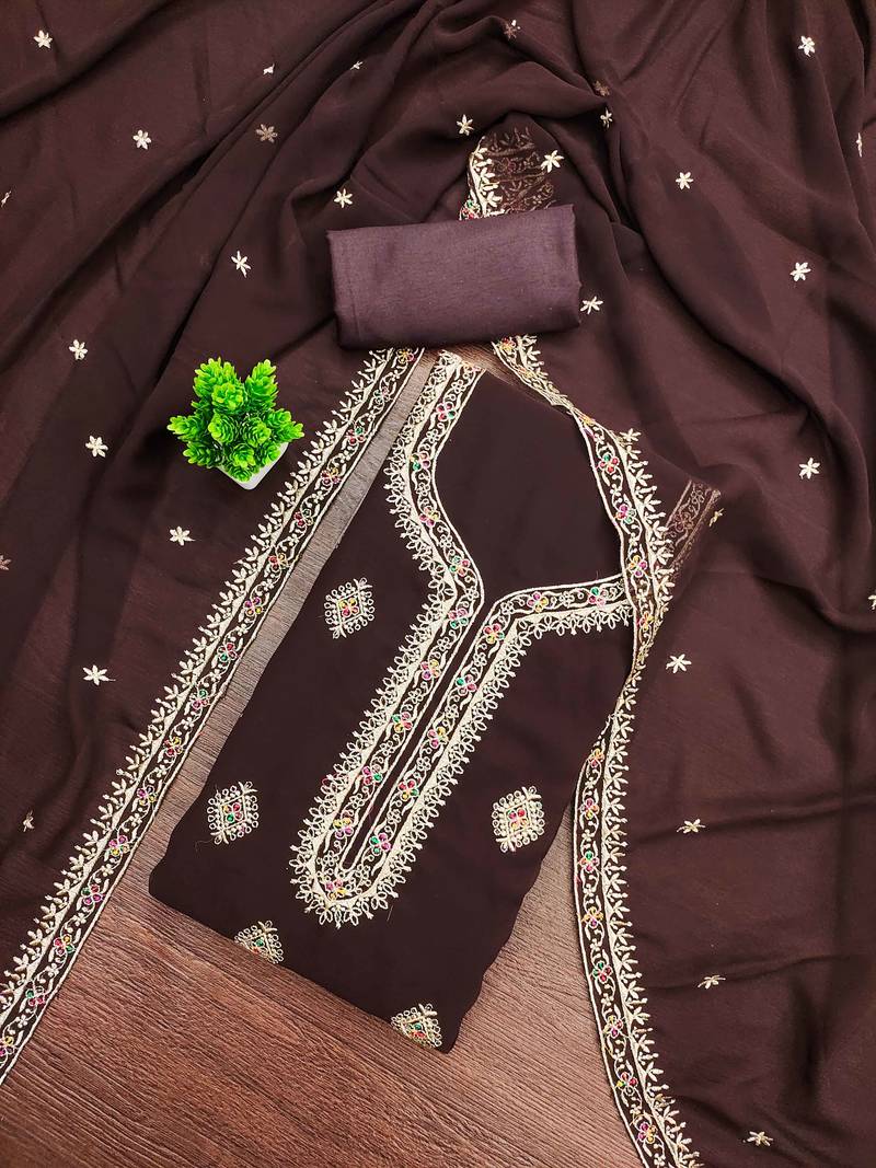 Brown embroidered georgette semi stitched churidar dress-materials