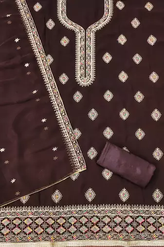 Brown embroidered georgette churidar dress-materials