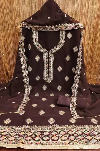 Brown embroidered georgette churidar dress-materials