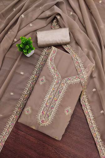 Grey embroidered georgette semi stitched churidar dress-materials