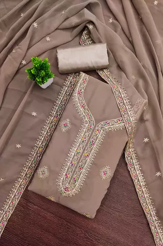 Grey embroidered georgette semi stitched churidar dress-materials
