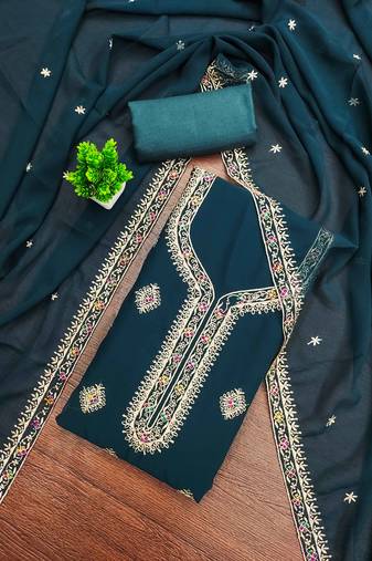 Royal-blue embroidered georgette semi stitched churidar dress-materials