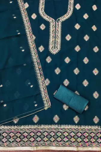 Royal-blue embroidered georgette churidar dress-materials