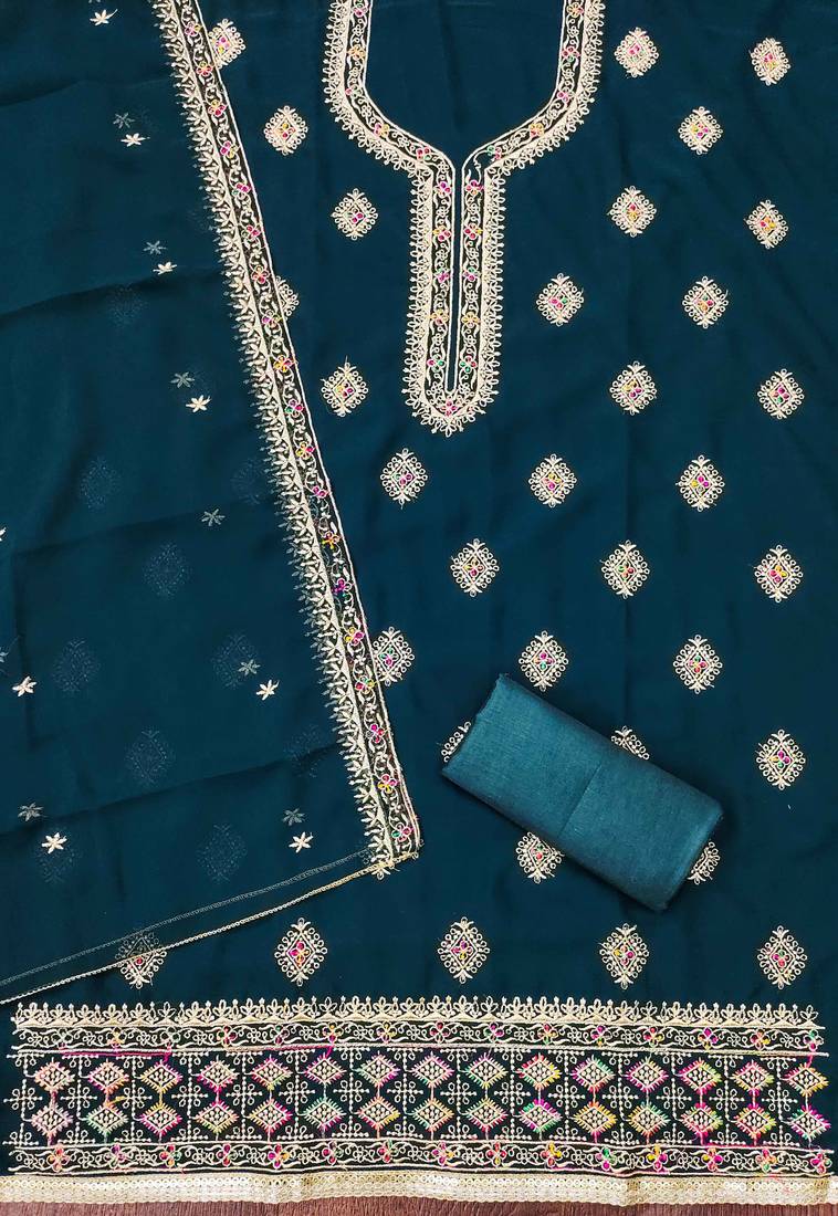 Royal-blue embroidered georgette semi stitched churidar dress-materials