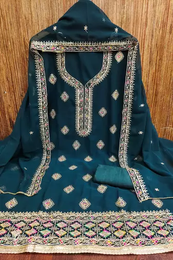 Royal-blue embroidered georgette churidar dress-materials