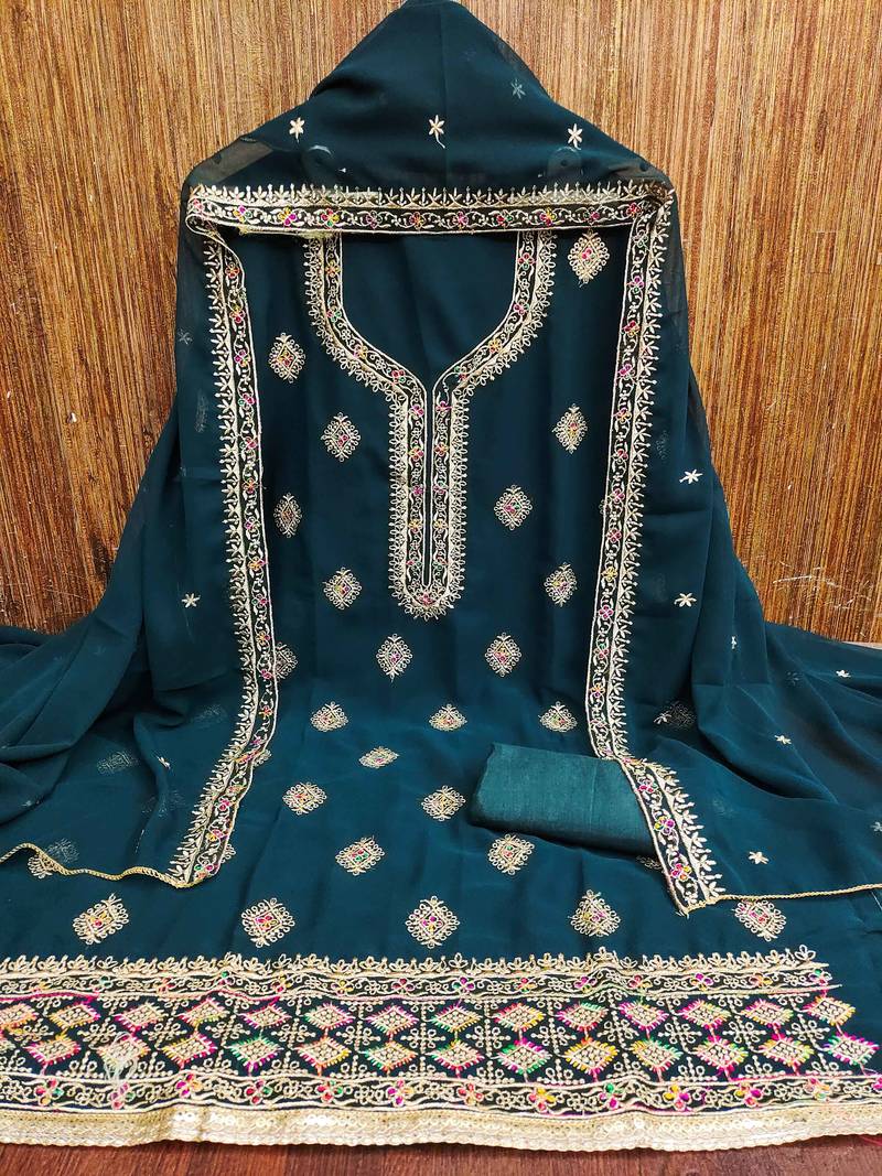 Royal-blue embroidered georgette semi stitched churidar dress-materials