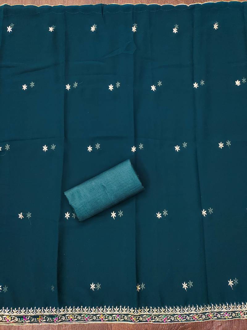 Royal-blue embroidered georgette semi stitched churidar dress-materials