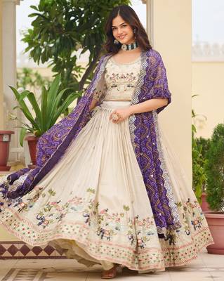 off white sequnis silk lehenga set choli with dupatta with purple dupatta 1
