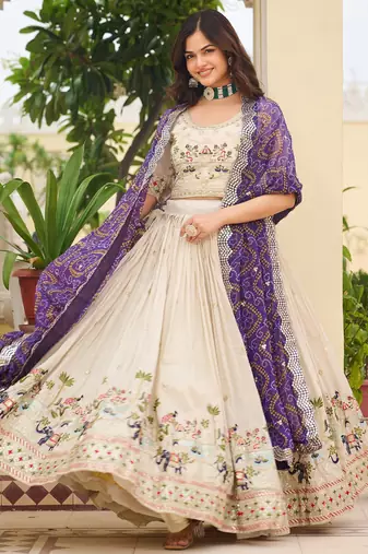 off white sequnis silk lehenga set choli with dupatta with purple dupatta
