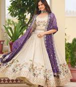 off white sequnis silk lehenga set choli with dupatta with purple dupatta