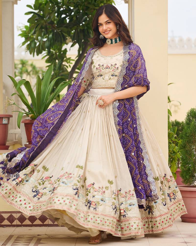 off white sequnis silk lehenga set choli with dupatta with purple dupatta