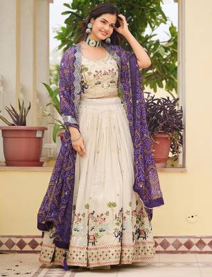 off white sequnis silk lehenga set choli with dupatta with purple dupatta 2