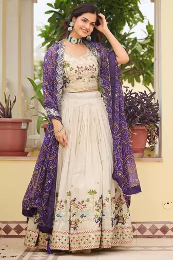 off white sequnis silk lehenga set choli with dupatta with purple dupatta