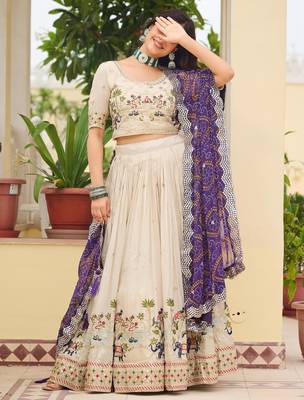 off white sequnis silk lehenga set choli with dupatta with purple dupatta 3