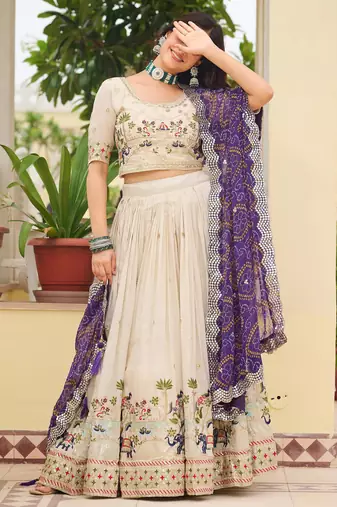 off white sequnis silk lehenga set choli with dupatta with purple dupatta