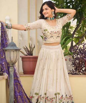 off white sequnis silk lehenga set choli with dupatta with purple dupatta 4