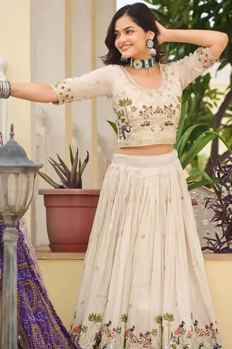 off white sequnis silk lehenga set choli with dupatta with purple dupatta