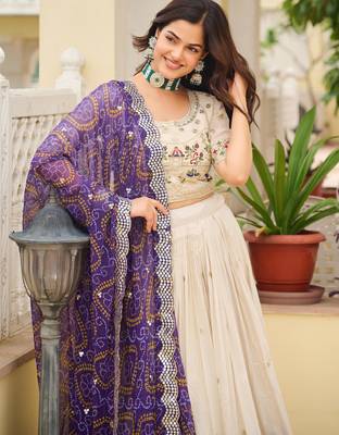 off white sequnis silk lehenga set choli with dupatta with purple dupatta 5