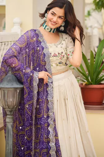 off white sequnis silk lehenga set choli with dupatta with purple dupatta