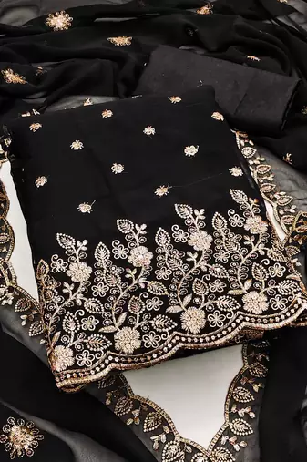 Black embroidered georgette semi stitched churidar dress-materials