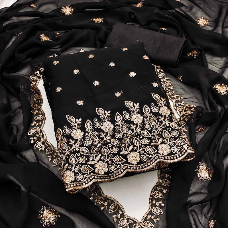 Black embroidered georgette semi stitched churidar dress-materials