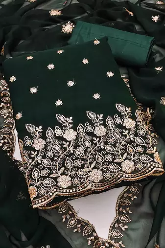 Green embroidered georgette semi stitched churidar dress-materials