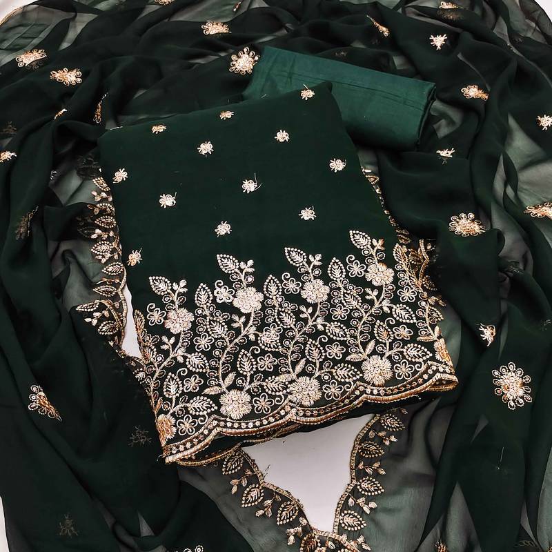 Green embroidered georgette semi stitched churidar dress-materials