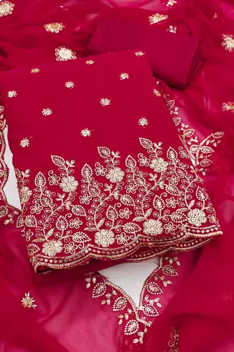 Magenta embroidered georgette semi stitched churidar dress-materials