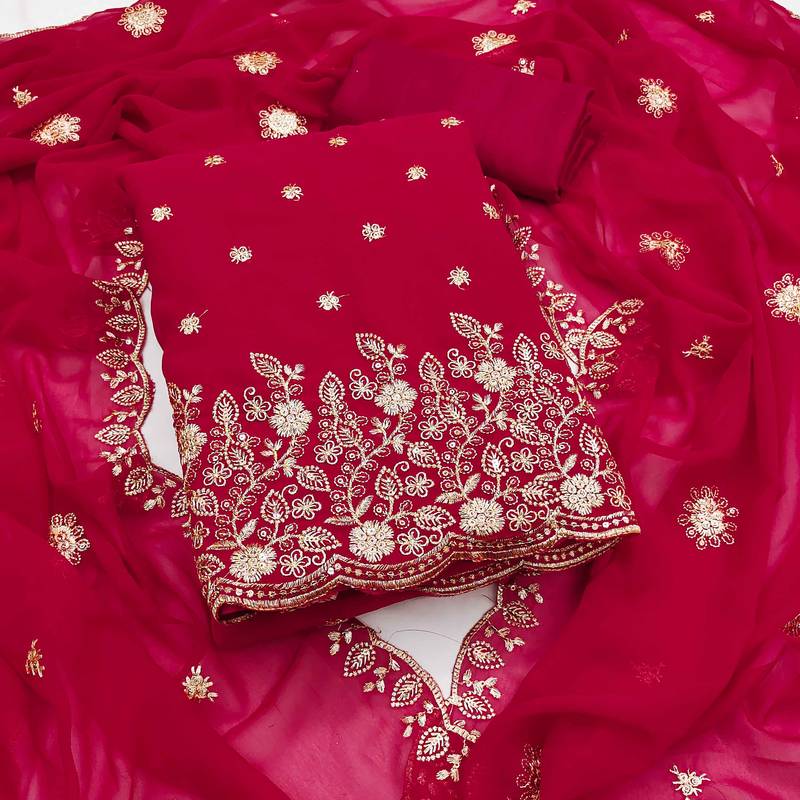 Magenta embroidered georgette semi stitched churidar dress-materials
