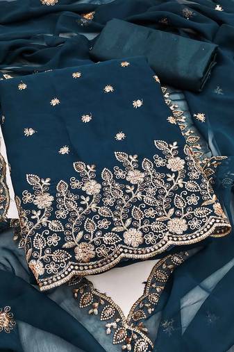 Navy-blue embroidered georgette semi stitched churidar dress-materials