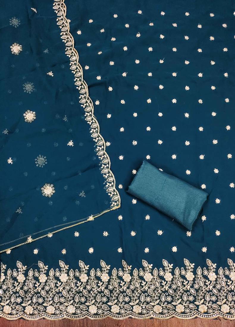 Navy-blue embroidered georgette semi stitched churidar dress-materials