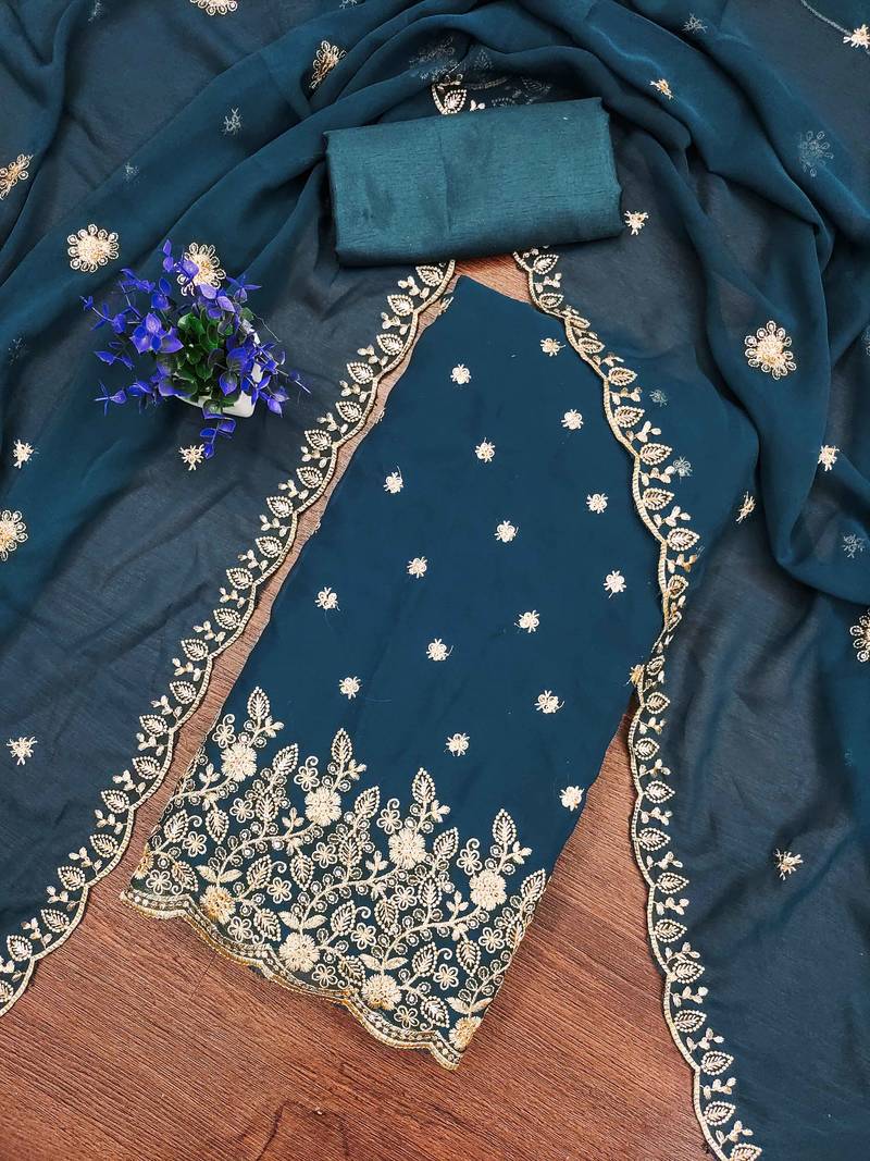 Navy-blue embroidered georgette semi stitched churidar dress-materials