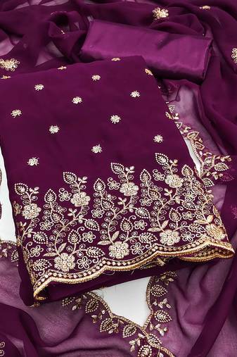 Purple embroidered georgette semi stitched churidar dress-materials