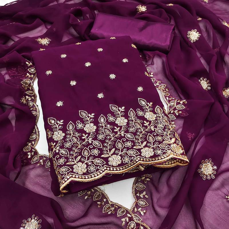 Purple embroidered georgette semi stitched churidar dress-materials