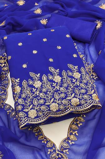 Royal-blue embroidered georgette semi stitched churidar dress-materials