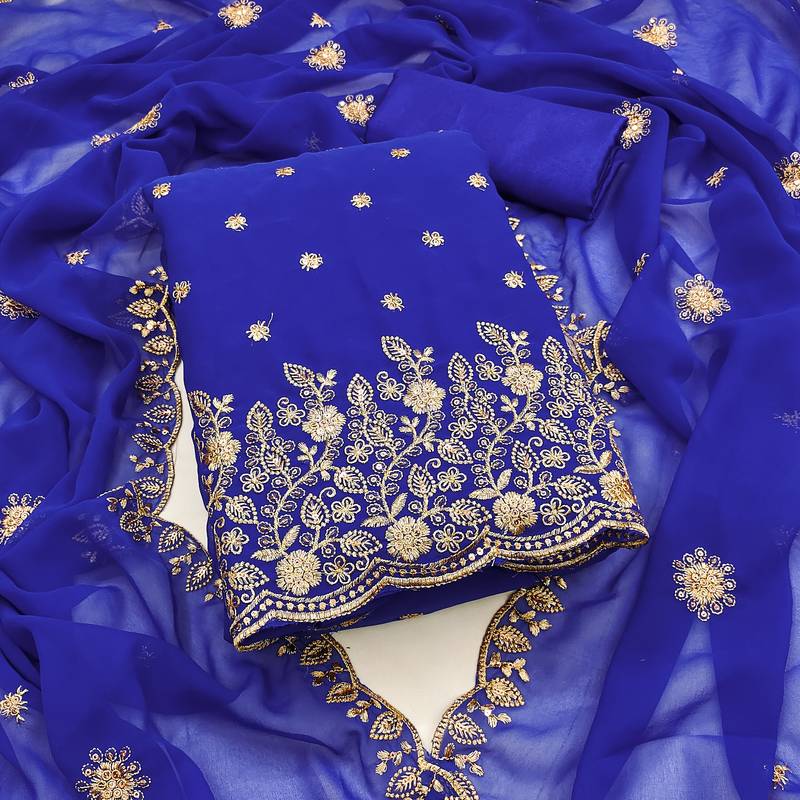 Royal-blue embroidered georgette semi stitched churidar dress-materials