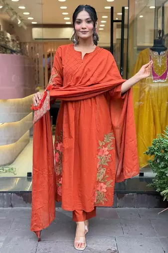Orange Embroidered Cotton Kurta Set with Dupatta