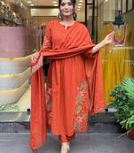 Orange Embroidered Cotton Kurta Set with Dupatta
