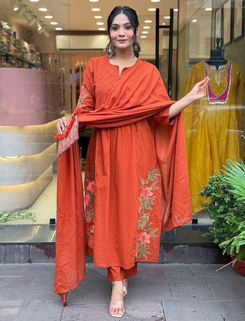 Orange Embroidered Cotton Kurta Set with Dupatta