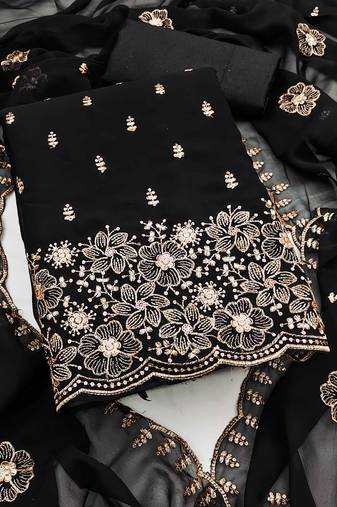 Black embroidered georgette semi stitched churidar dress-materials