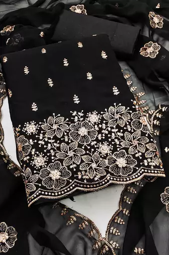Black embroidered georgette semi stitched churidar dress-materials
