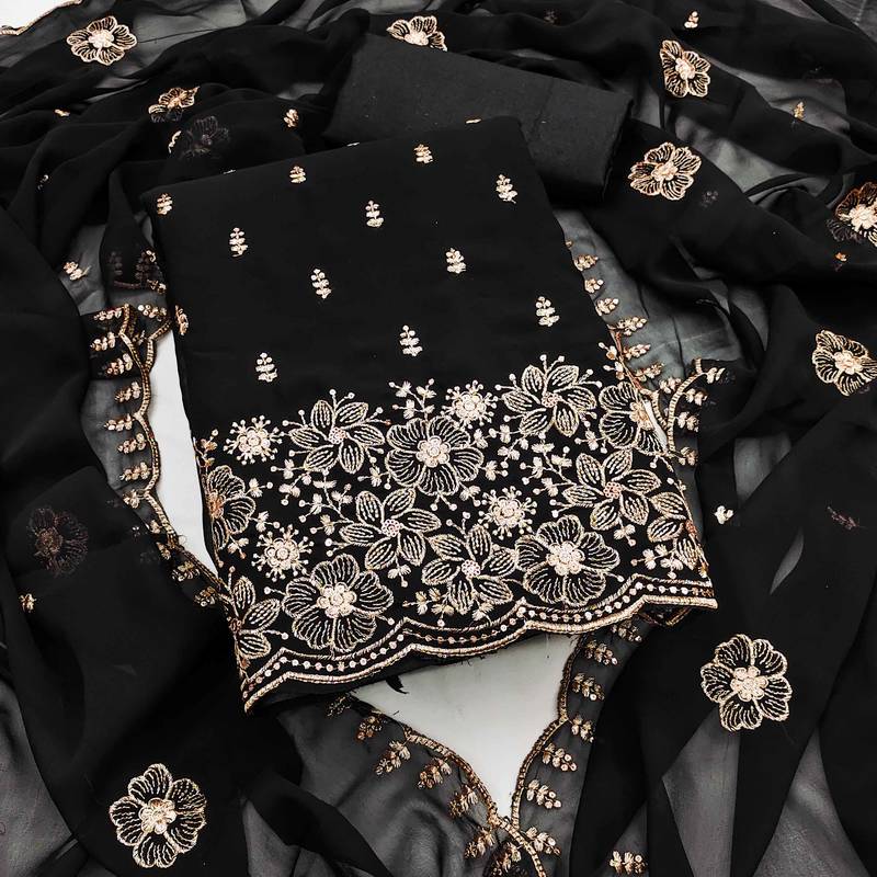 Black embroidered georgette semi stitched churidar dress-materials
