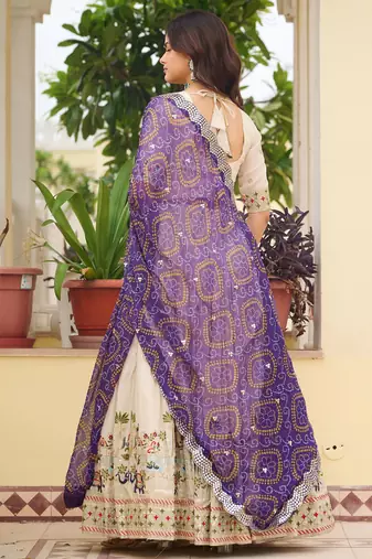 off white sequnis silk lehenga set choli with dupatta with purple dupatta