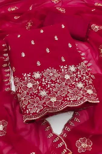 Magenta embroidered georgette semi stitched churidar dress-materials