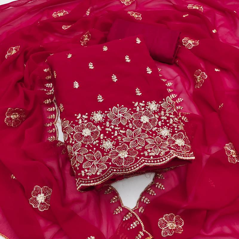 Magenta embroidered georgette semi stitched churidar dress-materials
