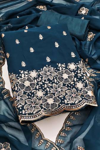 Navy-blue embroidered georgette semi stitched churidar dress-materials