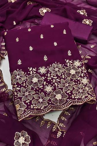 Purple embroidered georgette semi stitched churidar dress-materials