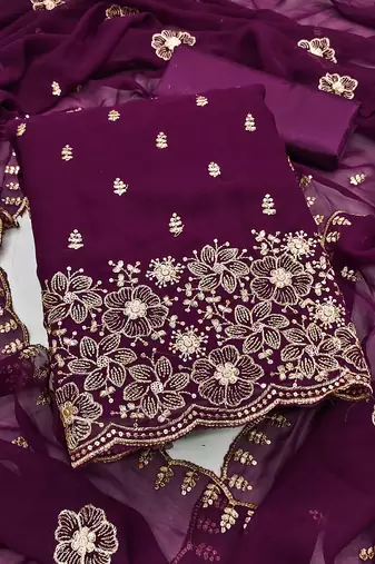 Purple embroidered georgette semi stitched churidar dress-materials